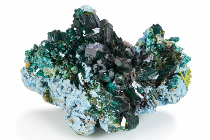 Gemmy Dioptase Crystal Cluster on Plancheite - Sanda, Congo #302232